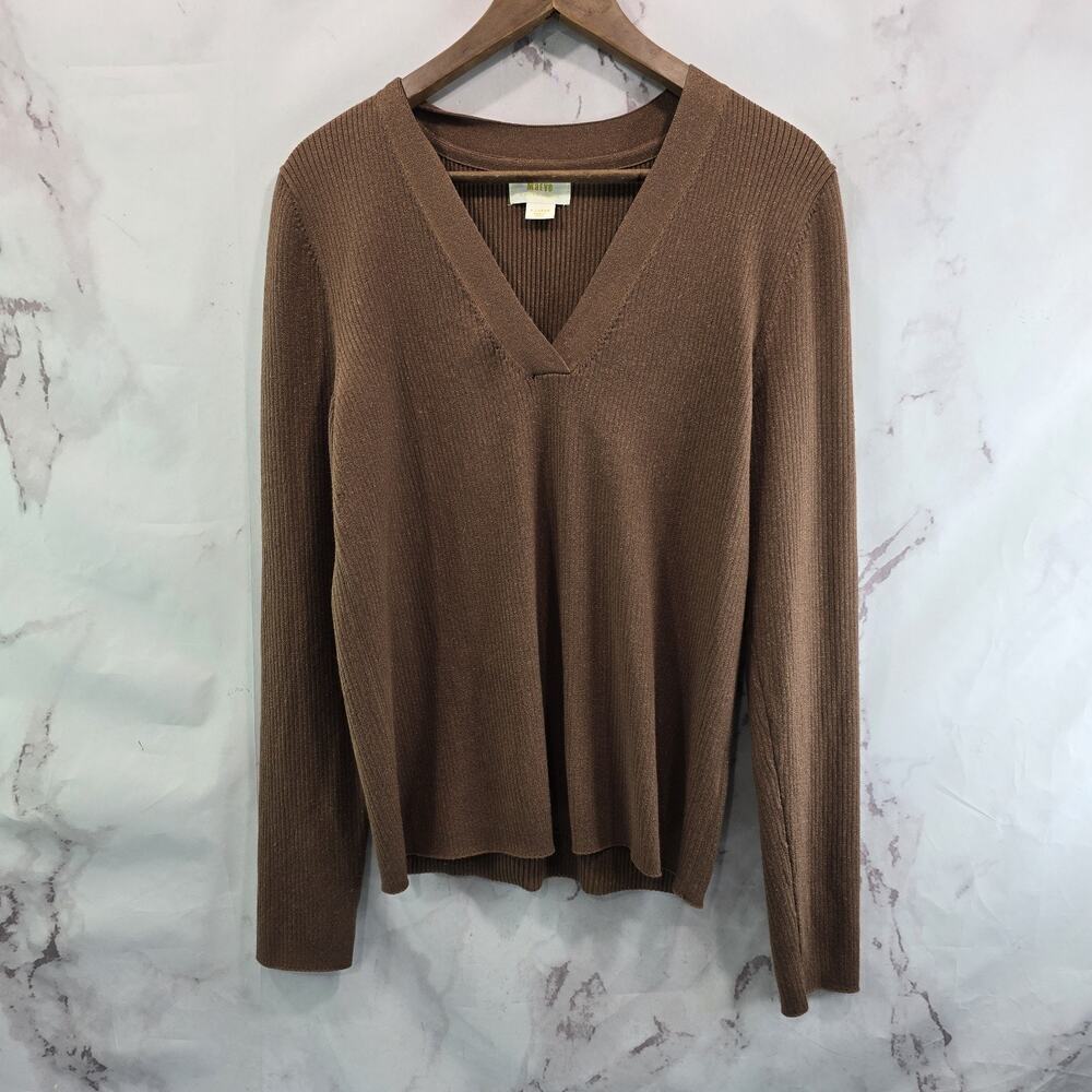Anthropologie Sweater Womens XL Brown Sparkle Shimmer V Neck Ribbed Maeve Thea